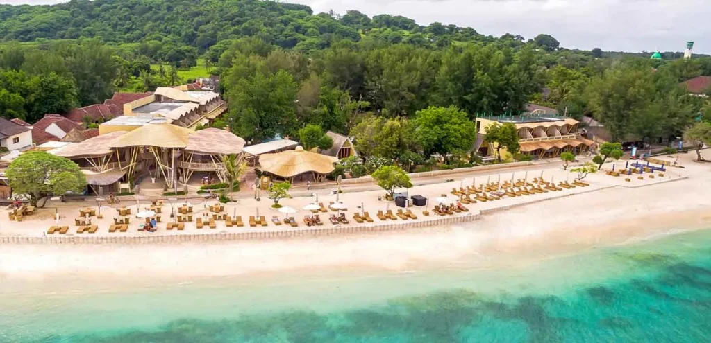 Aerial view of Pearl of Trawangan beachfront resort on Gili Trawangan Lombok